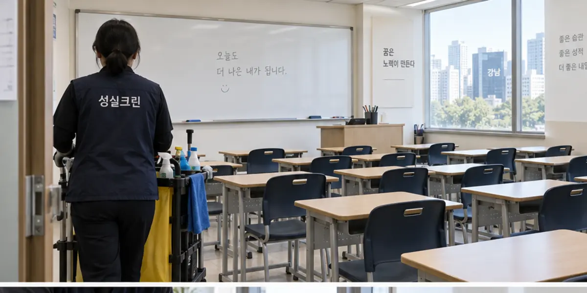 원미동 학원청소 현장에서 곤색 성실크린 조끼를 입은 작업자가 청소하는 모습