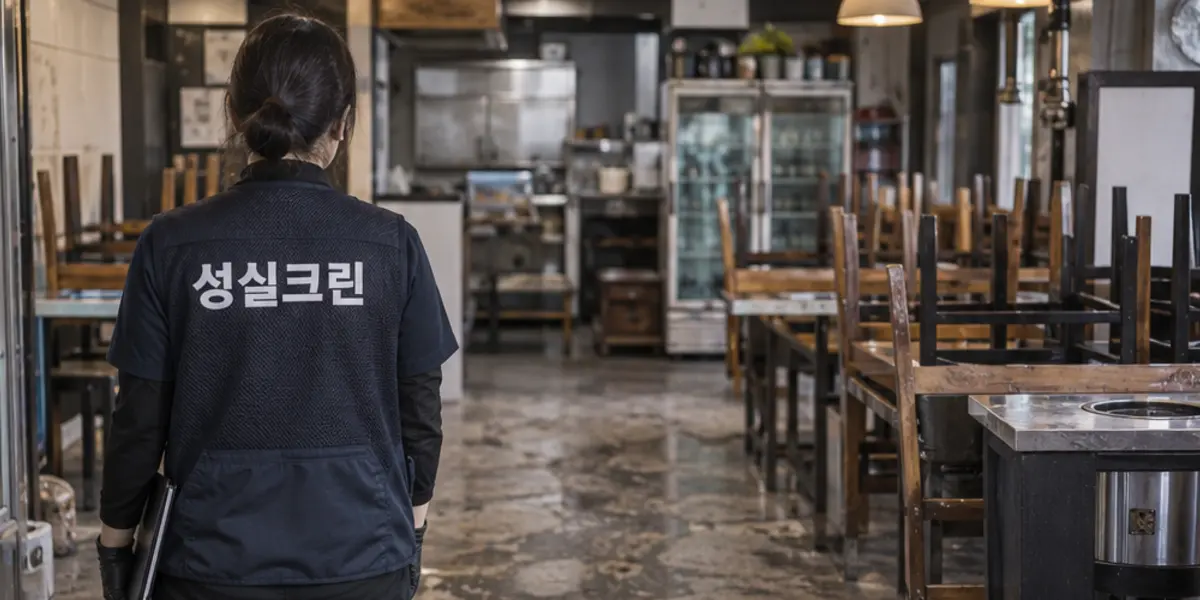 안산시 일회성대청소 현장에서 곤색 성실크린 조끼를 입은 작업자가 청소하는 모습