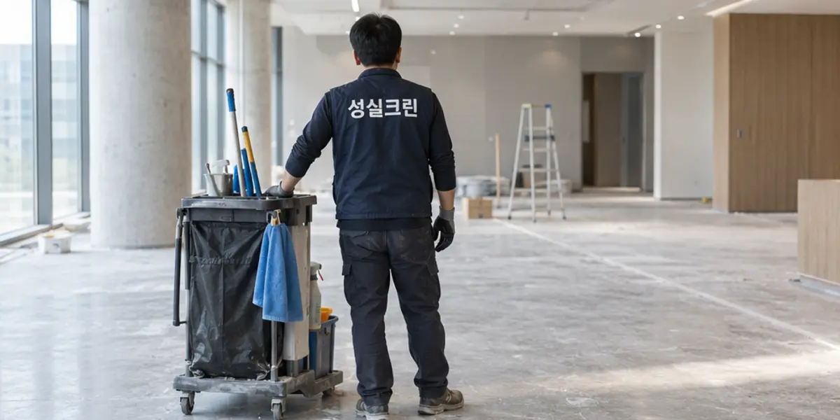 안산시 준공청소 현장에서 곤색 성실크린 조끼를 입은 작업자가 청소하는 모습