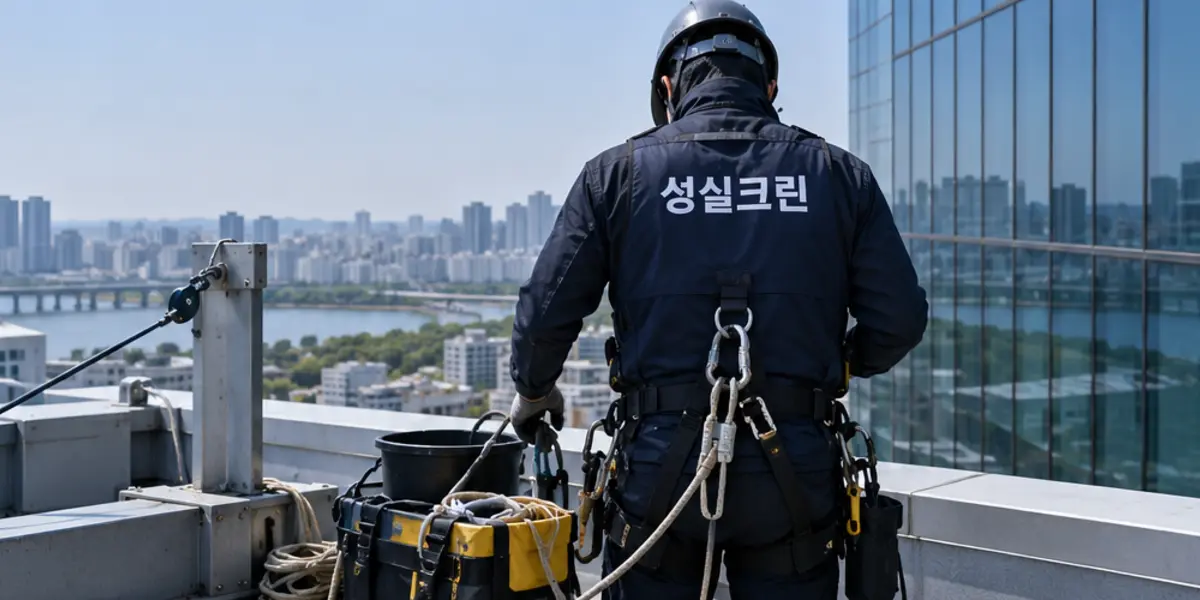 안양시 건물외벽청소 현장에서 곤색 성실크린 조끼를 입은 작업자가 청소하는 모습