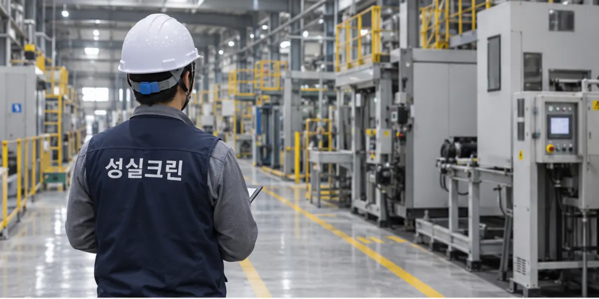 의왕시 공장청소 현장에서 곤색 성실크린 조끼를 입은 작업자가 청소하는 모습