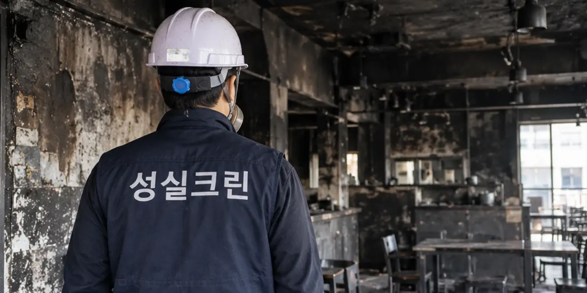 안산시 화재청소 현장에서 곤색 성실크린 조끼를 입은 작업자가 청소하는 모습