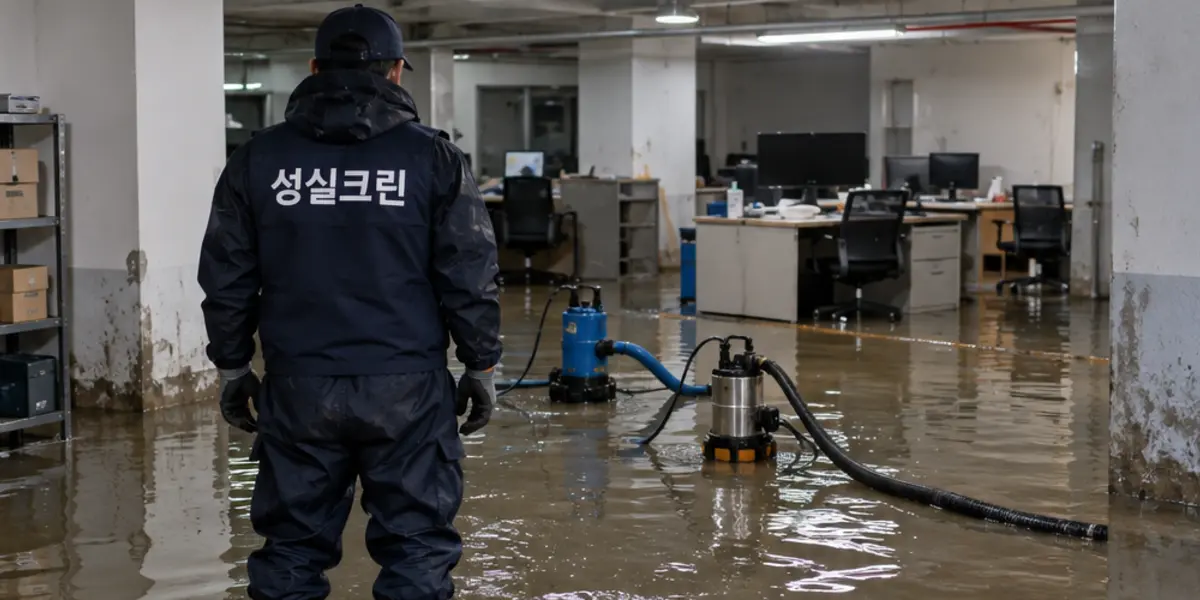 미사 침수청소·역류청소 현장에서 곤색 성실크린 조끼를 입은 작업자가 청소하는 모습