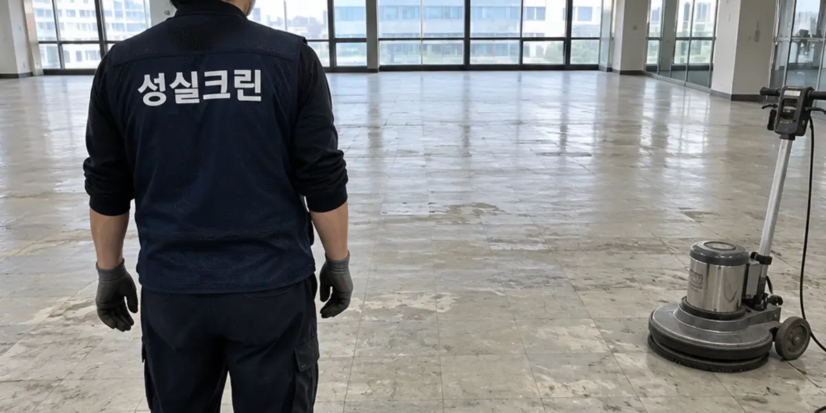 안산시 바닥청소 현장에서 곤색 성실크린 조끼를 입은 작업자가 청소하는 모습