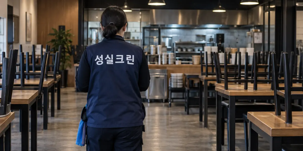 안산시 카페청소 현장에서 곤색 성실크린 조끼를 입은 작업자가 청소하는 모습