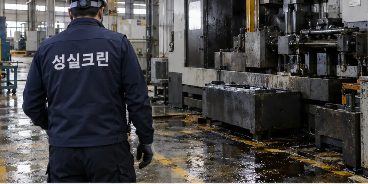 미사 기름때청소 현장에서 곤색 성실크린 조끼를 입은 작업자가 청소하는 모습