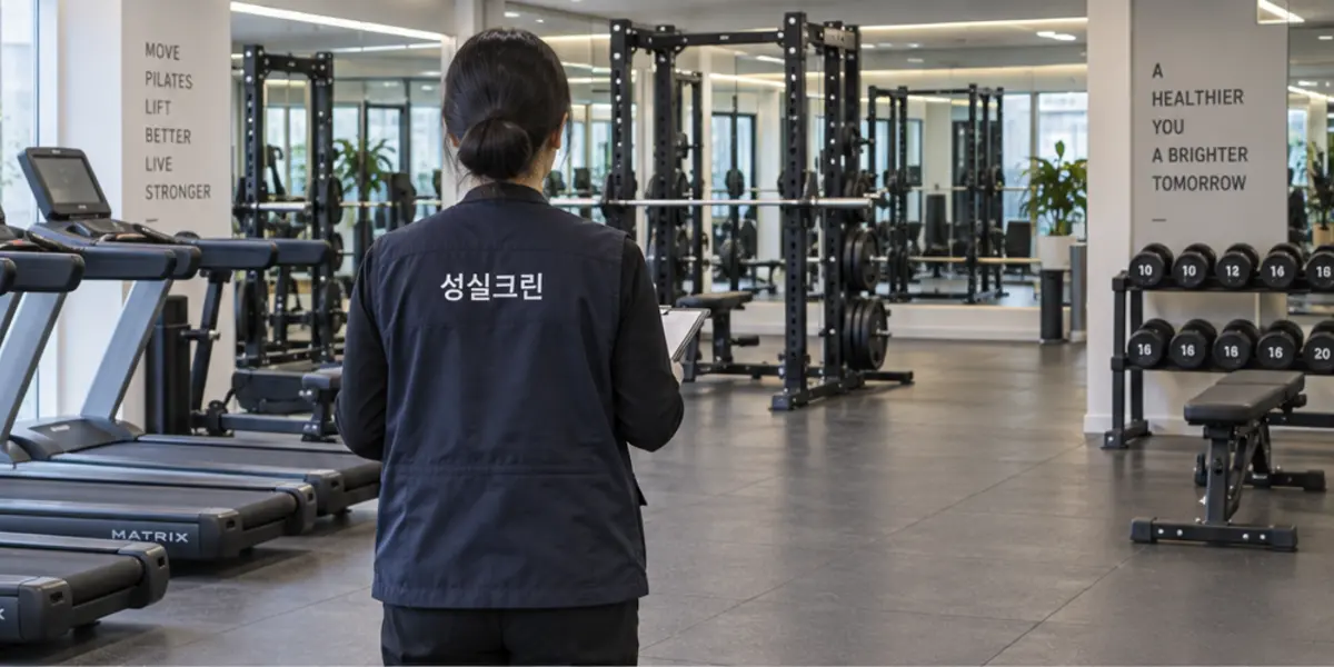분당 헬스장·운동시설·필라테스·휘트니스 청소 현장에서 곤색 성실크린 조끼를 입은 작업자가 청소하는 모습
