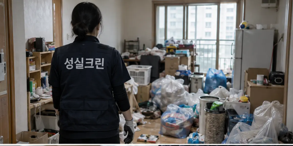 안산시 쓰레기집청소·유품정리·고독사정리 현장에서 곤색 성실크린 조끼를 입은 작업자가 청소하는 모습