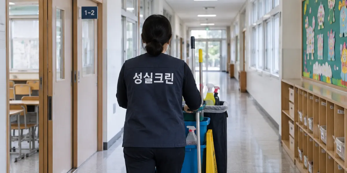 의왕시 관공서·학교·어린이집 청소 현장에서 곤색 성실크린 조끼를 입은 작업자가 청소하는 모습