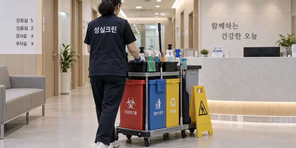 부천시 병원·동물병원·한의원 청소 현장에서 곤색 성실크린 조끼를 입은 작업자가 청소하는 모습