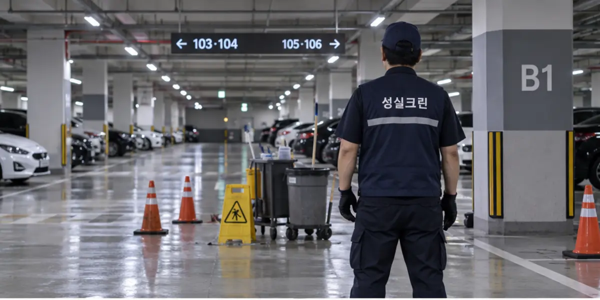 안산시 주차장청소 현장에서 곤색 성실크린 조끼를 입은 작업자가 청소하는 모습