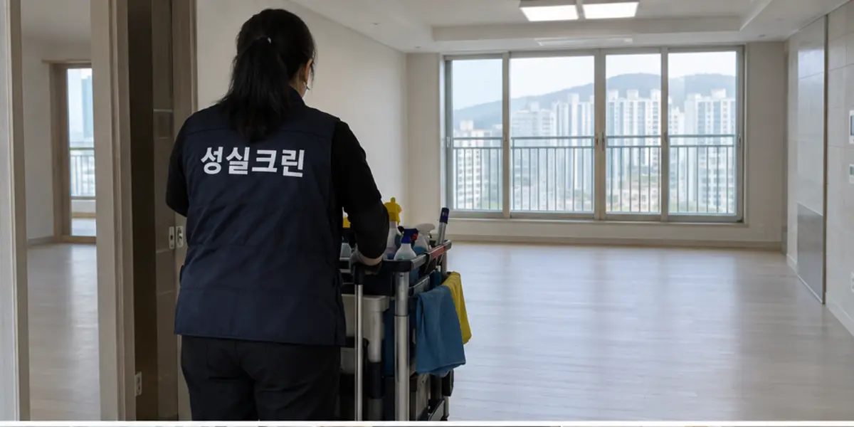 의왕시 아파트청소 현장에서 곤색 성실크린 조끼를 입은 작업자가 청소하는 모습