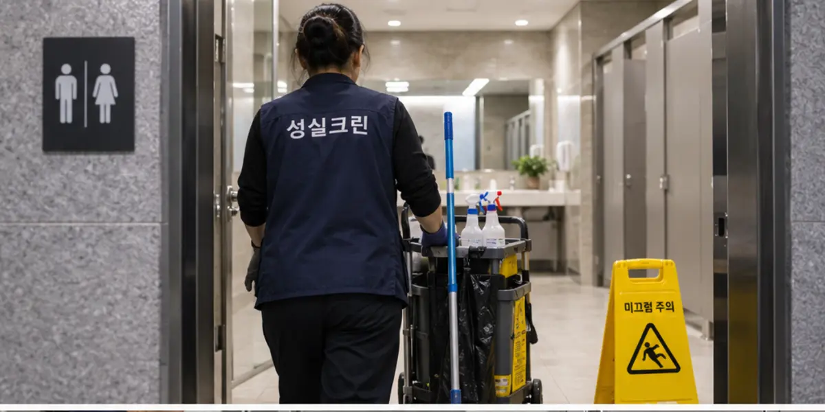 의왕시 화장실청소 현장에서 곤색 성실크린 조끼를 입은 작업자가 청소하는 모습