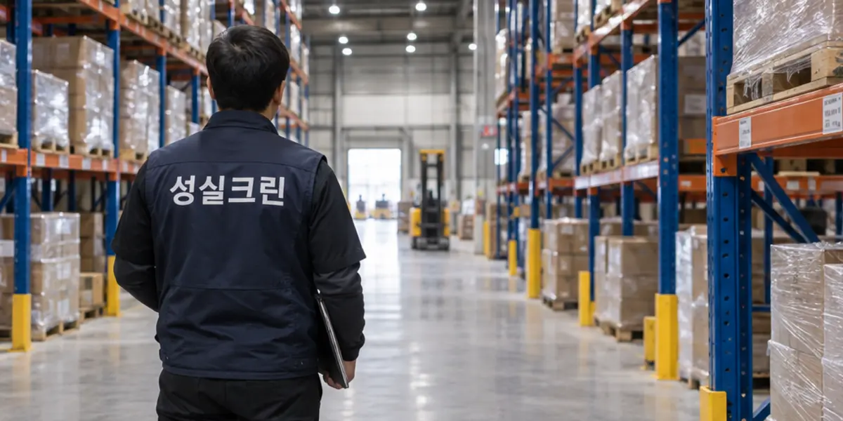미사 물류창고청소 현장에서 곤색 성실크린 조끼를 입은 작업자가 청소하는 모습
